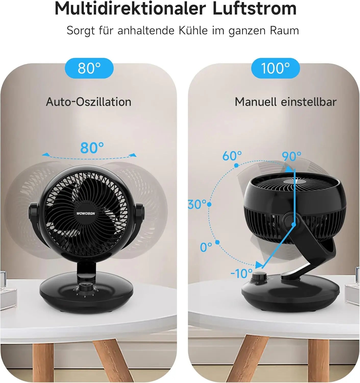Ventilatori silenziosi WOWDSGN, 6 velocità regolabili, 3 modalità, 22 dB, neri, timer da 9 ore, ventilatore da tavolo per scrivania da ufficio per studenti, cucine, soggiorno