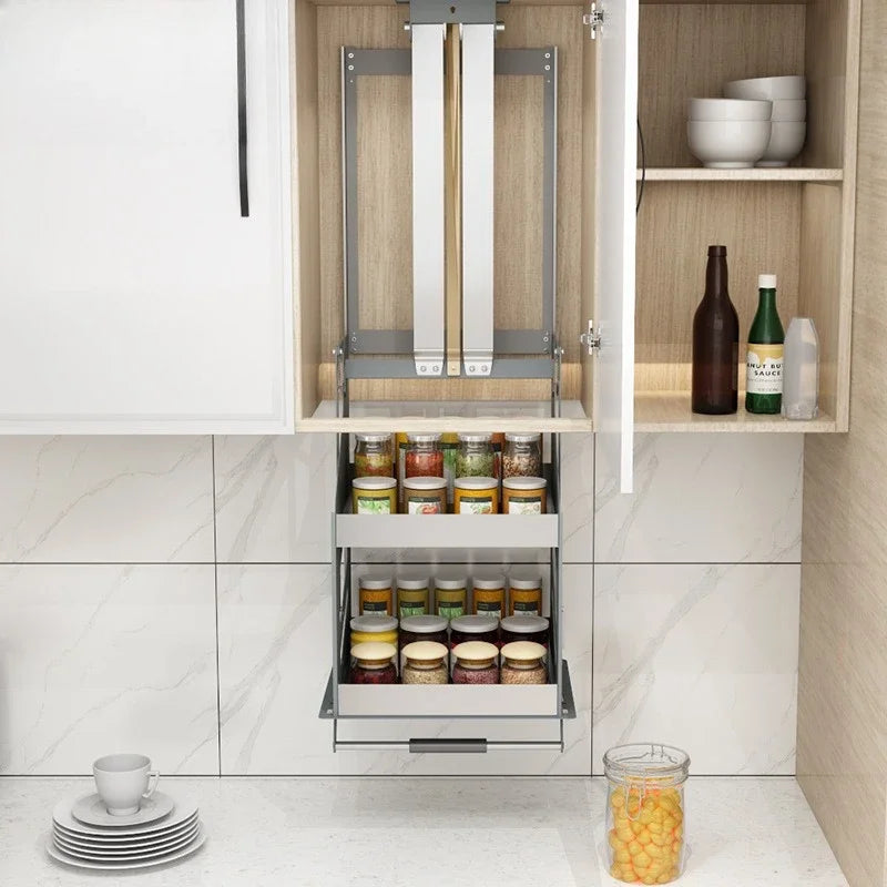 Scaffale Sollevabile Salvaspazio, Armadietto a Muro Estraibile, Scaffale Organizzatore, Scaffali Porta Spezie da Cucina, Mobili Multifunzionali per Cucina