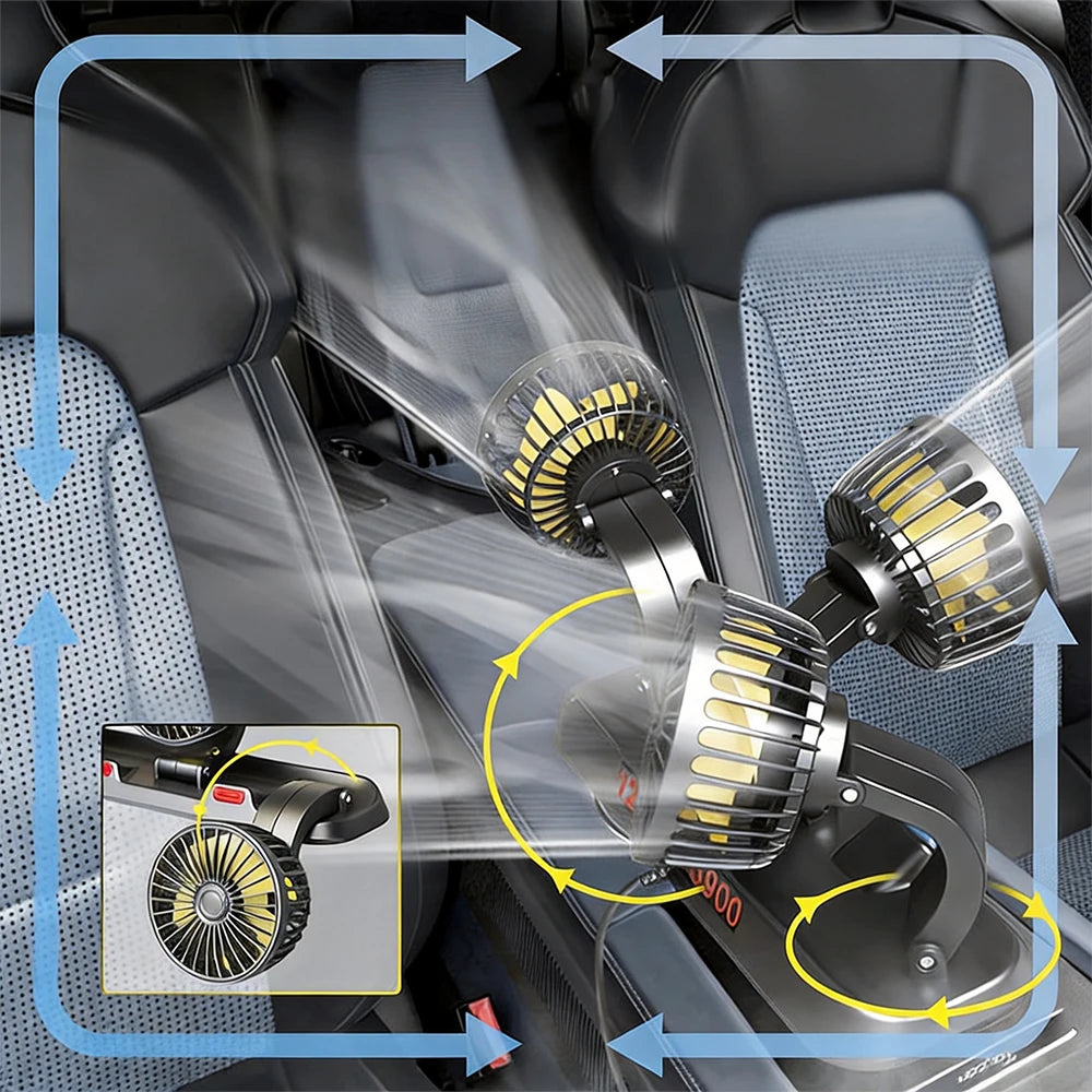 Ventilatore portatile per auto a 3 teste - 2 velocità regolabili, 360° °   Presa Accendisigari Girevole, Potente Flusso d'Aria per Veicoli, Camper e SUV