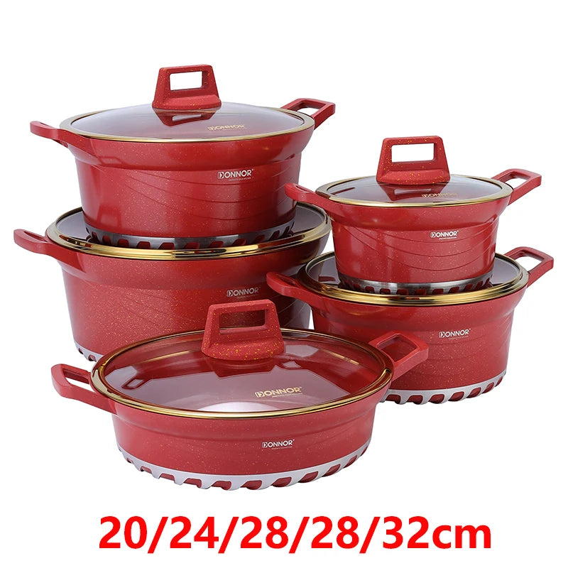 DONNOR 10PCS Set di Pentole a Induzione Lavabile in Lavastoviglie Pentole Antiaderenti con Coperchi in Vetro per Zuppa di Pasta Stufato JT528