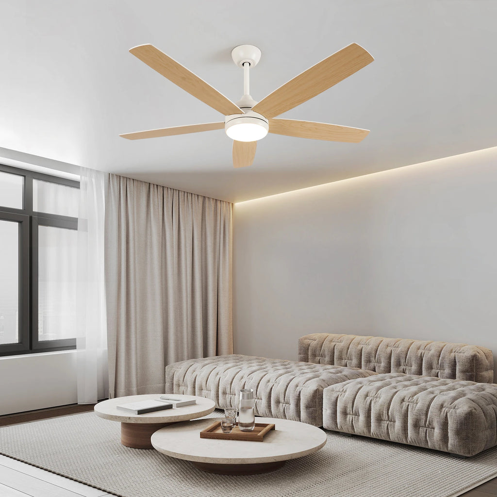 Ventilatore da soffitto LED intelligente con luci, 52 pollici (132 cm), 6 velocità, 2 modalità, luce LED dimmerabile, motore DC silenzioso, telecomando, ventilatore elettrico per camera da letto