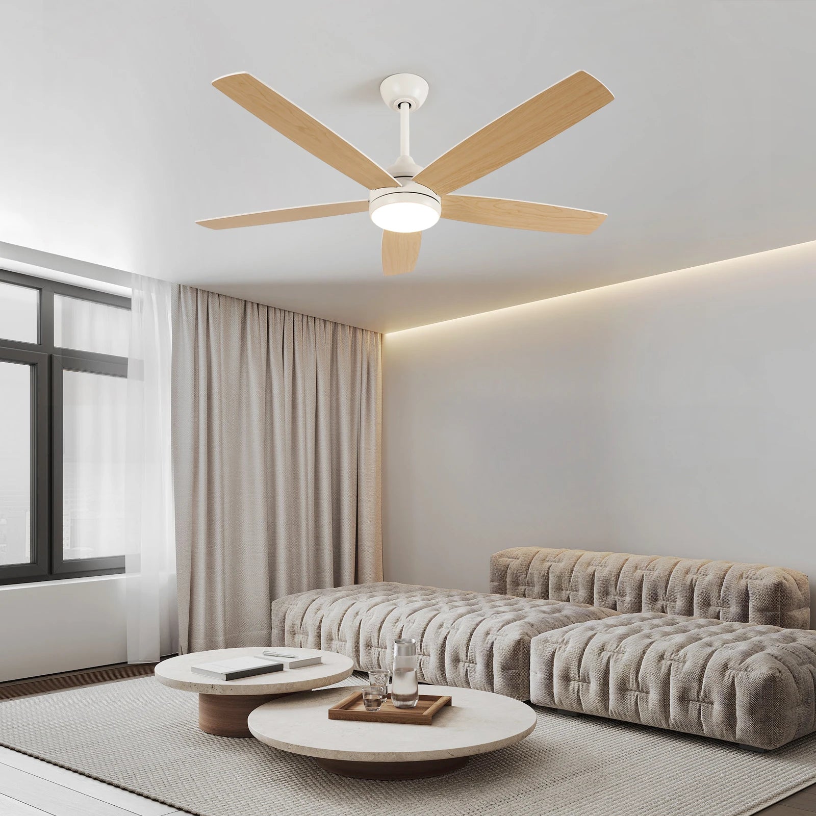 Ventilatore da soffitto LED intelligente con luci, 52 pollici (132 cm), 6 velocità, 2 modalità, luce LED dimmerabile, motore DC silenzioso, telecomando, ventilatore elettrico per camera da letto