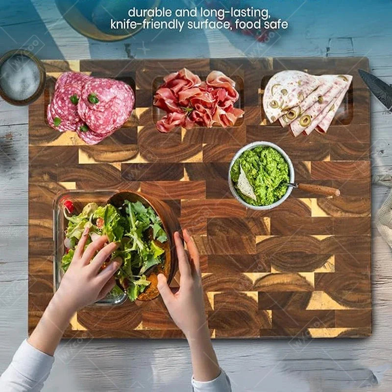 Doppelseitiges, verdicktes Akazienholz-Küchenschneidebrett mit rutschfester Massivholz-Schachbrettmuster-Schneidefläche für Obst und Gemüse