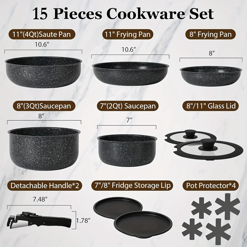Set di pentole e padelle da 15 pezzi antiaderenti, set di pentole con manico staccabile, set da cucina antiaderente per camper, manici rimovibili,
