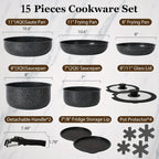 Set di pentole e padelle da 15 pezzi antiaderenti, set di pentole con manico staccabile, set da cucina antiaderente per camper, manici rimovibili,