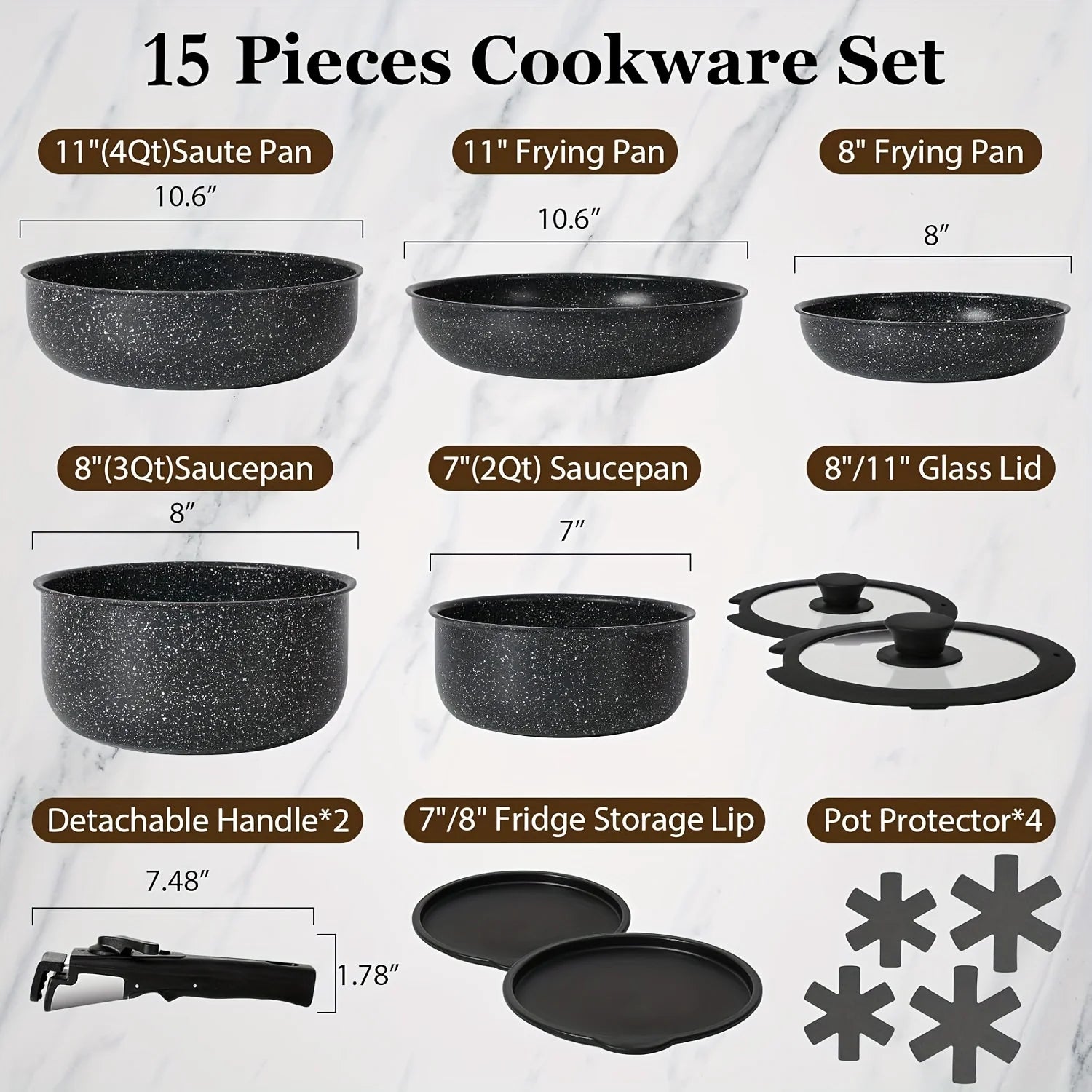Set di pentole e padelle da 15 pezzi antiaderenti, set di pentole con manico staccabile, set da cucina antiaderente per camper, manici rimovibili,