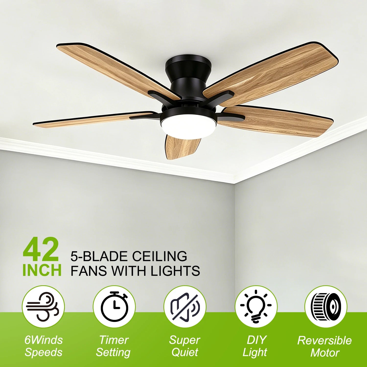 Ventilatore da soffitto a doppia pala da 42 pollici con luce LED dimmerabile, motore DC reversibile a 6 velocità dimmerabile, timer silenzioso, ventilatore a basso profilo per camera da letto, cucina, appartamento