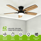 Ventilatore da soffitto a doppia pala da 42 pollici con luce LED dimmerabile, motore DC reversibile a 6 velocità dimmerabile, timer silenzioso, ventilatore a basso profilo per camera da letto, cucina, appartamento