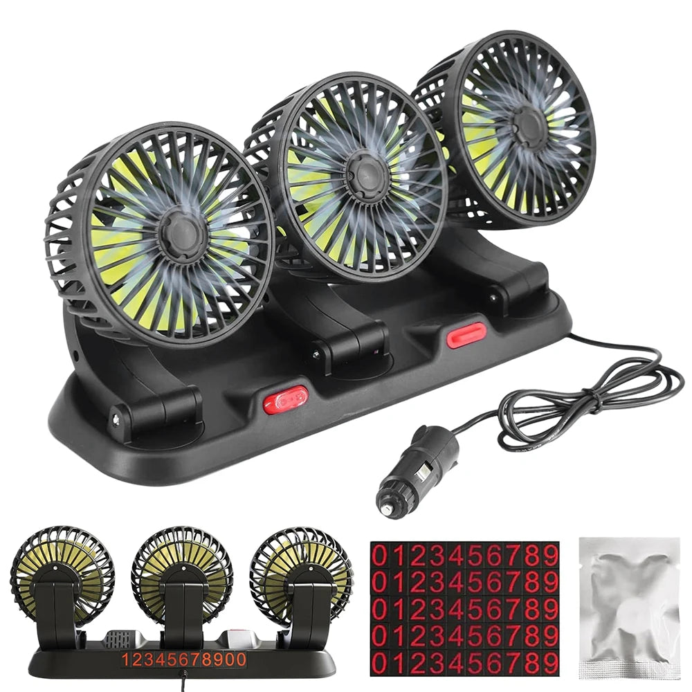 Ventilatore per Auto a 3 Teste con Rotazione a 360° °   Ventilatore Rotante a Basso Rumore con 2 Livelli di Velocità – Presa Accendisigari 12V – Flusso d'Aria Rapido e Potente per Berlina, SUV, Camion, Furgone – Incl