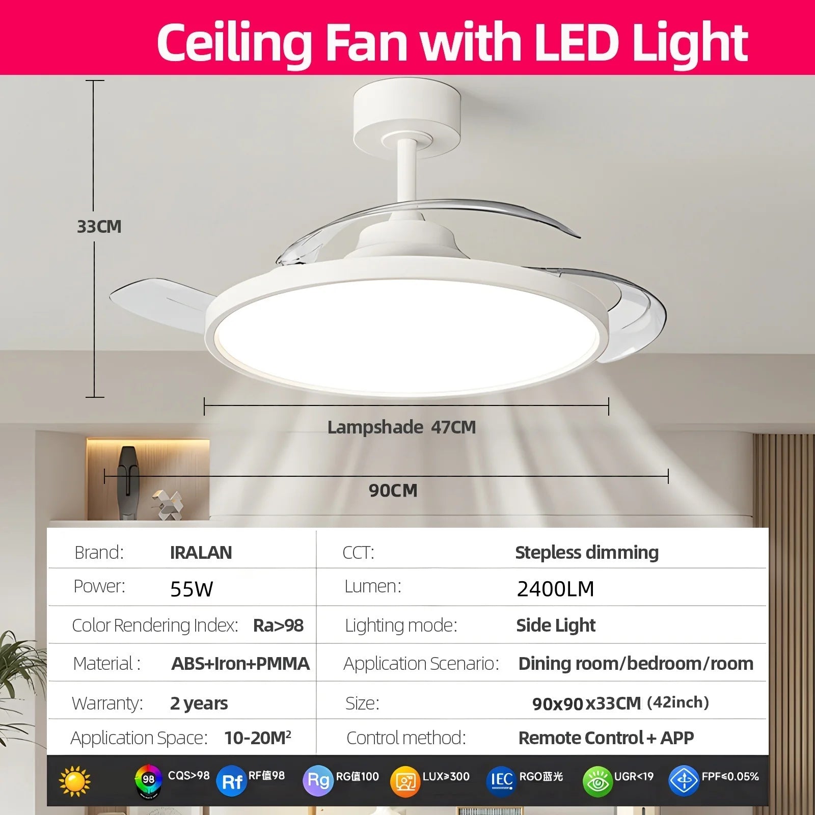 Ventilatore da Soffitto Invisibile con Luce, Pale Retrattili, Grande Ventilatore Elettrico per Raffreddamento e Ventilazione, Telecomando, Illuminazione Dimmerabile