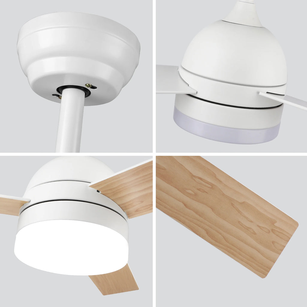 Ventilatore da soffitto per interni ed esterni coperto con pale effetto legno, luce LED dimmerabile da 18W a 3 colori, silenzioso e reversibile, 6 velocità, telecomando e timer per camera da letto, cameretta, soggiorno
