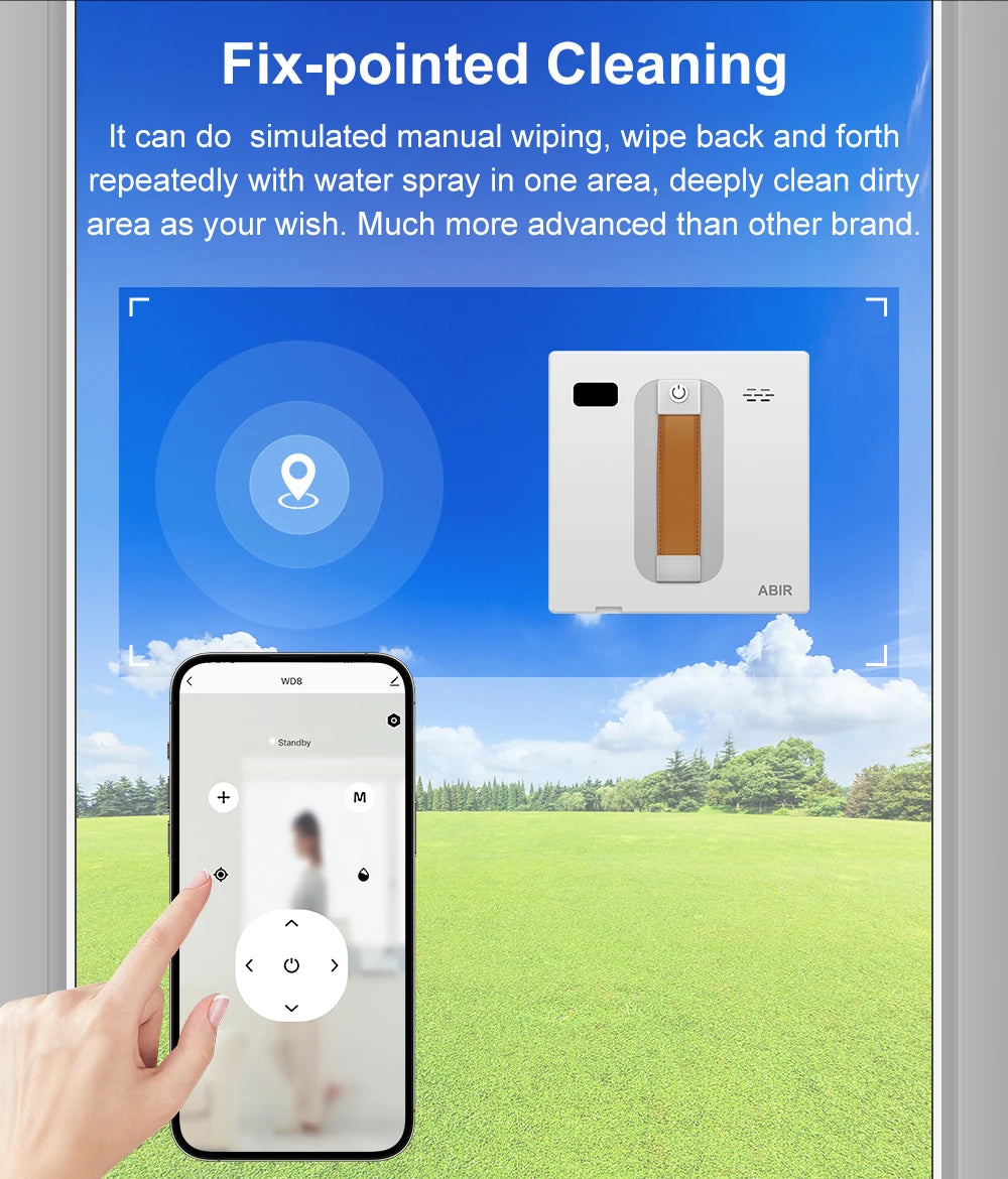 ABIR WD8 Fensterputzroboter, doppelte Wassersprühfunktion, intelligente Speicherfunktion, leistungsstarke Vakuumsaugung, Lasersensor, Roboter für die Glasreinigung zu Hause, APP-Steuerung.