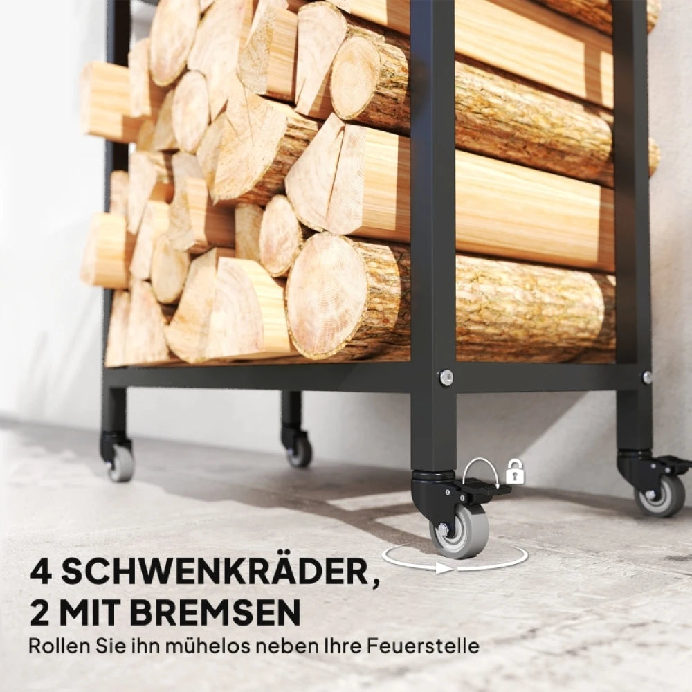 Kaminholzregal für Innenräume, aus Stahl, 60 x 30 x 119 cm, 2-stufiges Regal mit Rollen, schwarz