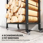 Kaminholzregal für Innenräume, aus Stahl, 60 x 30 x 119 cm, 2-stufiges Regal mit Rollen, schwarz