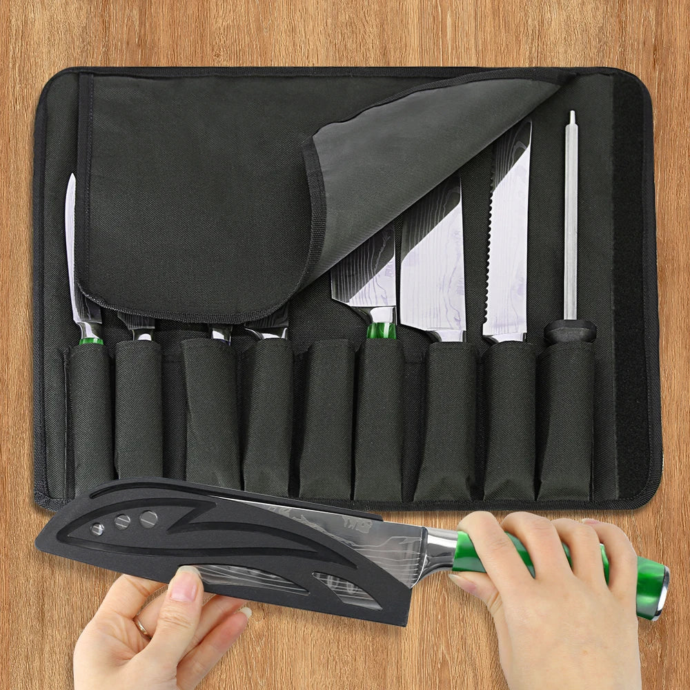 Set mit 8 scharfen und langlebigen ZENG Edelstahlmessern, mit grünem Harzgriff, tragbarer Nylontasche, Küchenutensilien für Zuhause und als Geschenk
