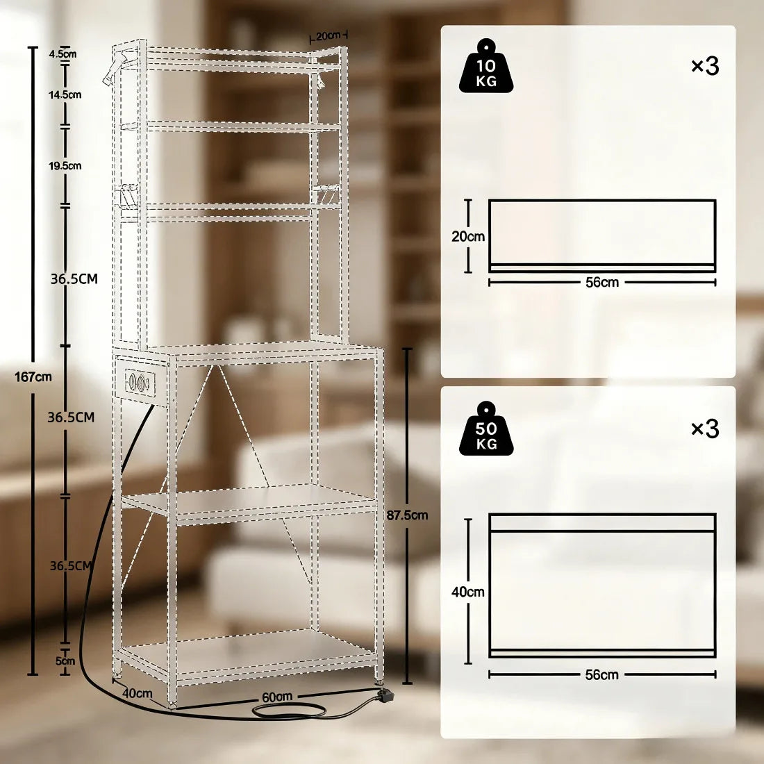 Stazione Caffè, Scaffale da Cucina con Prese, Mobiletto da Cucina, Mini Workstation da Cucina, Scaffale Espositivo – Tutto in Uno per l'Organizzazione di Caffè ed Elettrodomestici