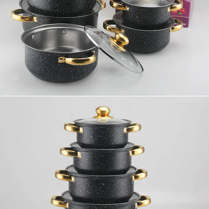 10-piece polka dot cookware set Stainless steel soup pots with gold handle and glass lid Durable household cooking pot set