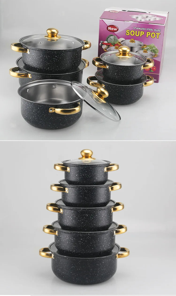10-teiliges Kochgeschirrset mit weißen Punkten, Suppentöpfe aus Edelstahl mit goldenem Griff und Glasdeckel, langlebiges Kochtopfset für Zuhause