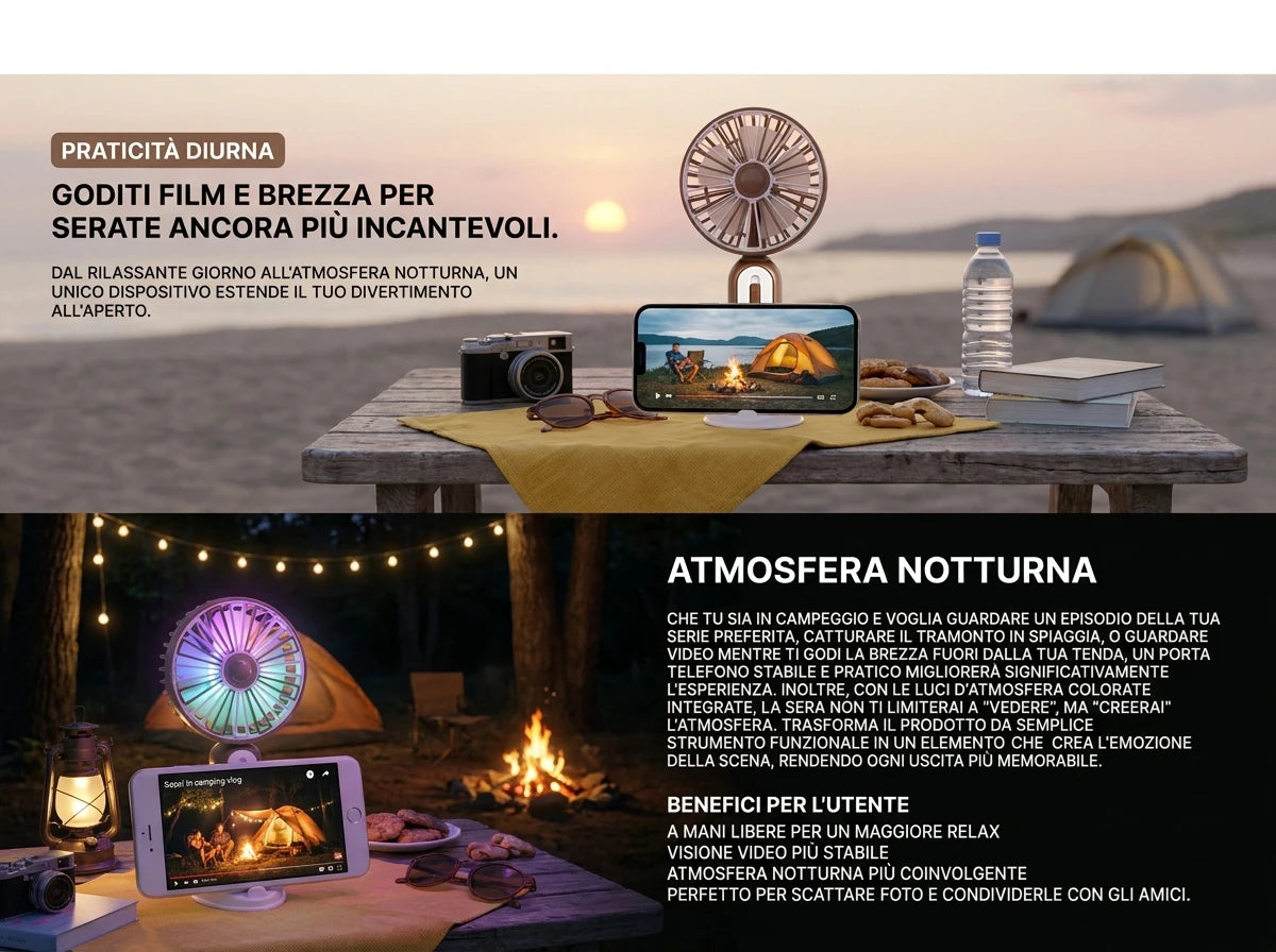 Mini ventilatore portatile con ricarica USB, ventilatore da tavolo, ventilatore portatile con luce ambientale integrata, tre livelli di velocità, per ufficio, viaggi, trucco, campeggio, pendolarismo all'aperto