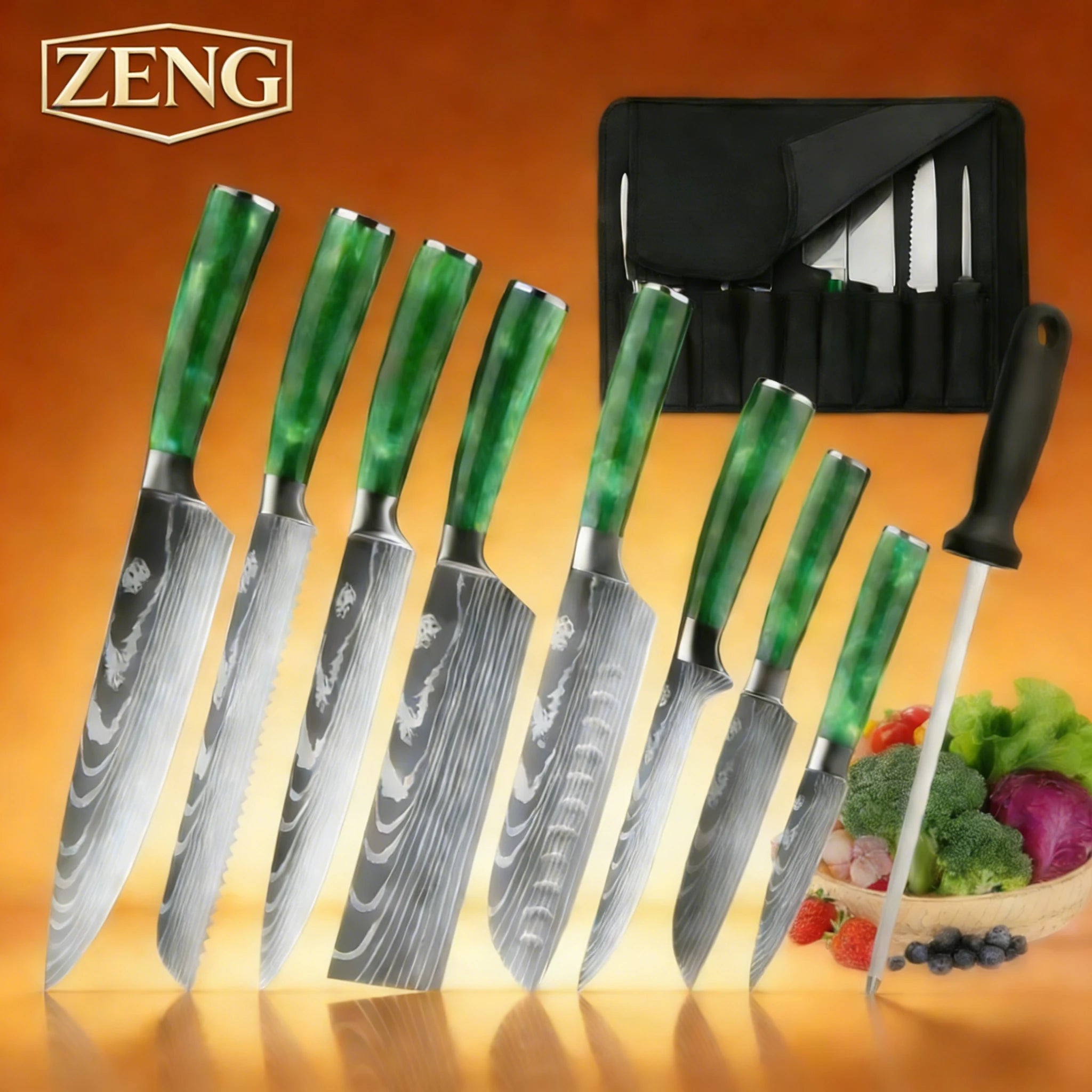 Set mit 8 scharfen und langlebigen ZENG Edelstahlmessern, mit grünem Harzgriff, tragbarer Nylontasche, Küchenutensilien für Zuhause und als Geschenk