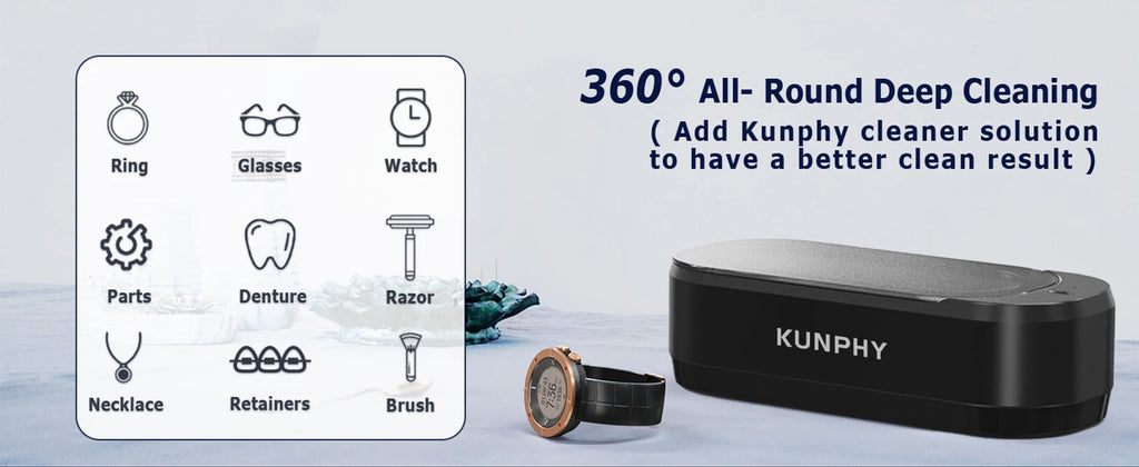 KUNPHY Ultraschallreiniger 350ml 46KHz Professioneller Ultraschallreiniger mit One-Touch-Bedienung Ultraschallreiniger für Ringe Brillen