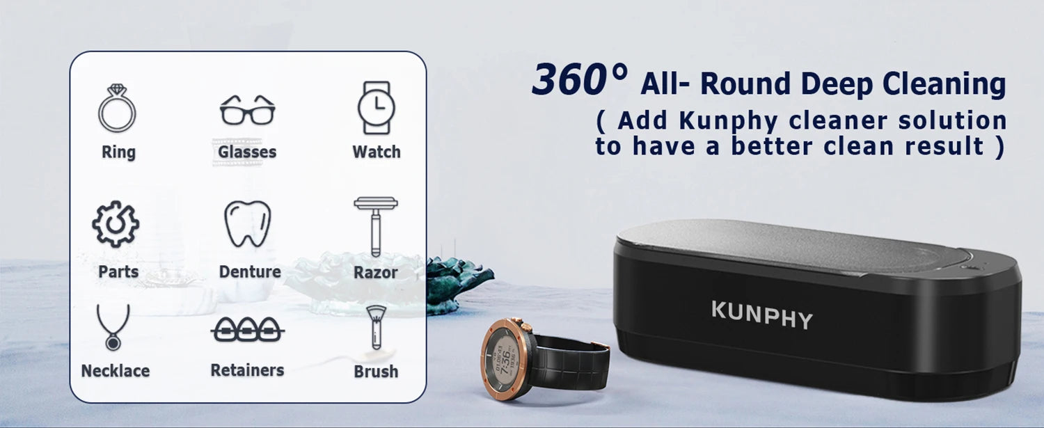 KUNPHY Ultraschallreiniger 350ml 46KHz Professioneller Ultraschallreiniger mit One-Touch-Bedienung Ultraschallreiniger für Ringe Brillen