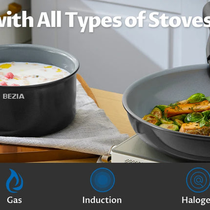 Bezia Induction Cookware Healthy Ceramic Coating, Nonstick Pots and Pans Set 13 PCS with Detachable Handles