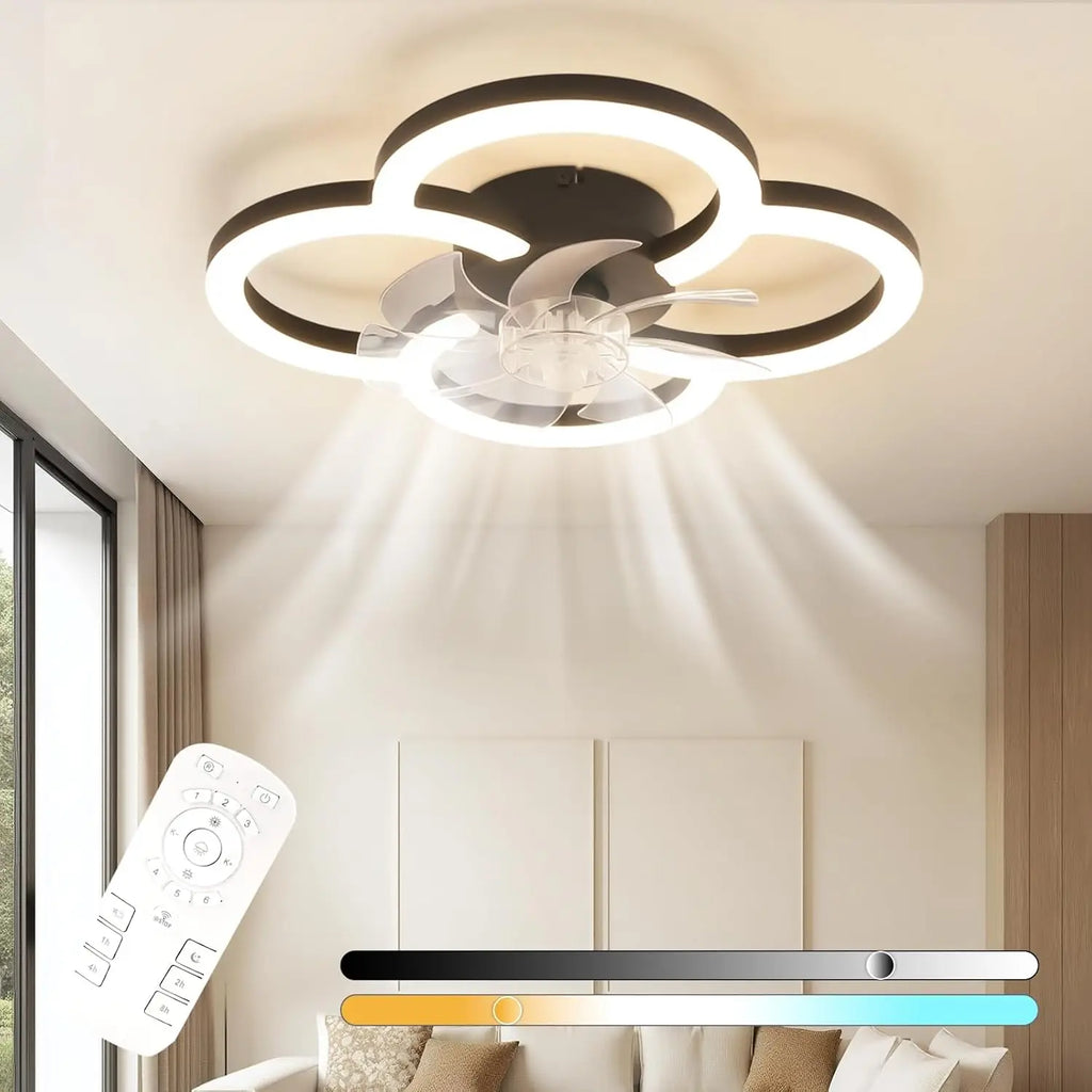 Ventilatore da Soffitto Nero a 4 Anelli con Luce, Moderno Dimmerabile Silenzioso con Telecomando per Camera da Letto e Cucina