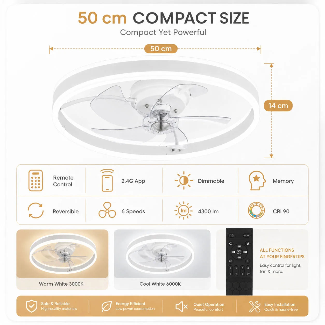 Ventilatore da soffitto con luce LED 50 cm Oraymin moderno telecomando dimmerabile 6 velocità