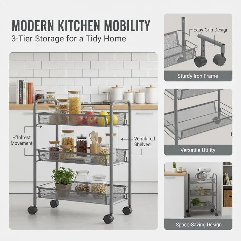 Carrello da Cucina a 3 Ripiani Grigio, 46x26x64 Cm, Materiale in Ferro, Struttura Robusta e Spessa, Organizzazione a Strati, Ruote Universali Flessibili, Antiruggine e Resistente all'Usura, Facile Installazione, Organizzatore