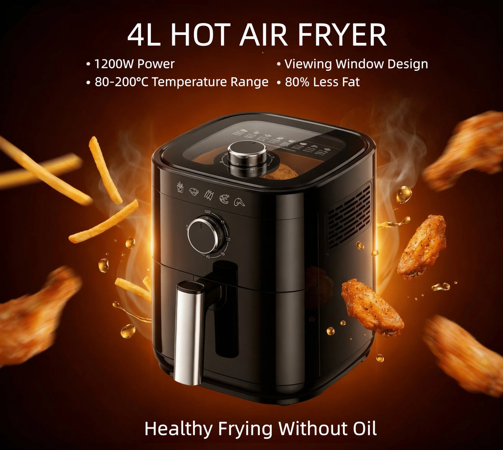 4L Heißluftfritteuse mit Sichtfenster, 1200W, 80% Weniger Öl, 4-in-1, Antihaftbeschichtet, Spülmaschinenfest, CE-Zertifiziert, Schwarz