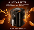 4L Heißluftfritteuse mit Sichtfenster, 1200W, 80% Weniger Öl, 4-in-1, Antihaftbeschichtet, Spülmaschinenfest, CE-Zertifiziert, Schwarz