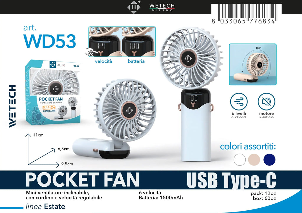 Tragbarer Mini-Ventilator, 3000mAh, faltbar, Tisch-, Outdoor-, Nacken-Ventilator, 5 Geschwindigkeiten, USB wiederaufladbar, mit Telefonhalter und Display