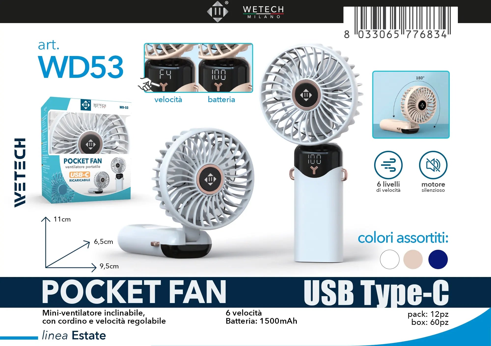 Tragbarer Mini-Ventilator, 3000mAh, faltbar, Tisch-, Outdoor-, Nacken-Ventilator, 5 Geschwindigkeiten, USB wiederaufladbar, mit Telefonhalter und Display