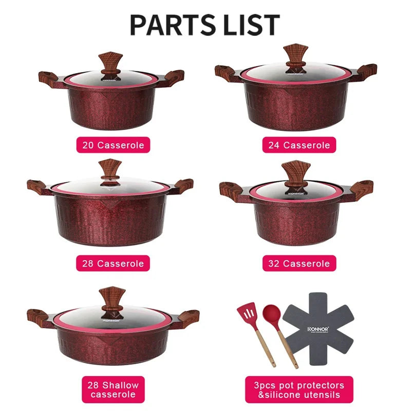 DONNOR Set di Pentole 6/15 Pezzi Pentola per Zuppa Antiaderente Pentola per Stufato con Coperchio in Vetro Pentole per Cappotto Sano in Granito per Stufe da Cucina Universali