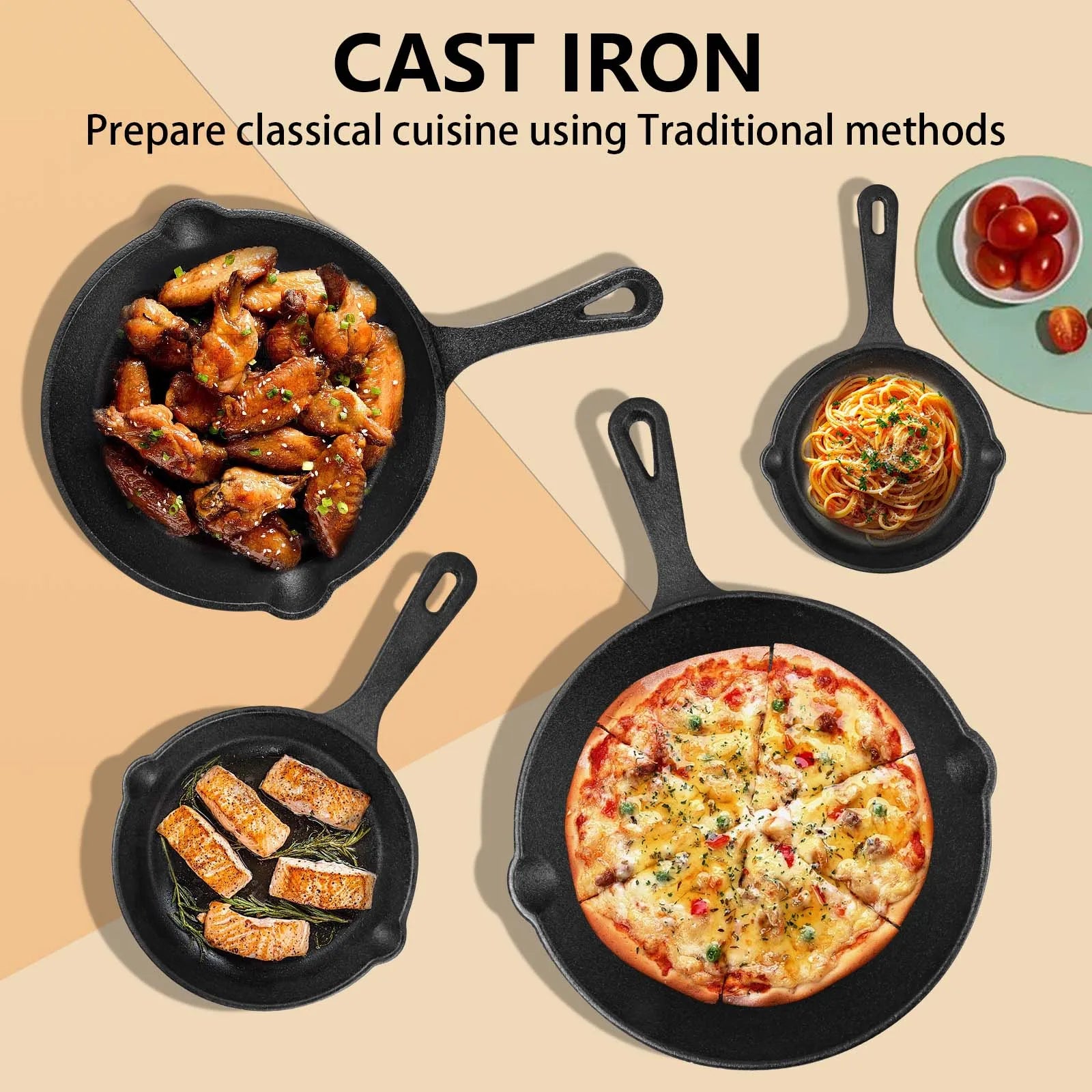 Set di 4 padelle in ghisa non rivestita, padelle di diverse dimensioni 14/16/20/26 cm, pentole con ritenzione uniforme del calore, compatibili con induzione, gas e fuoco aperto per cucinare in cucina