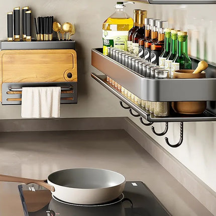 Luxury Light Kitchen Storage Rack, Carbon Steel Spice Rack, No Drilling Wall Mounted Home Wall Shelf Organizer