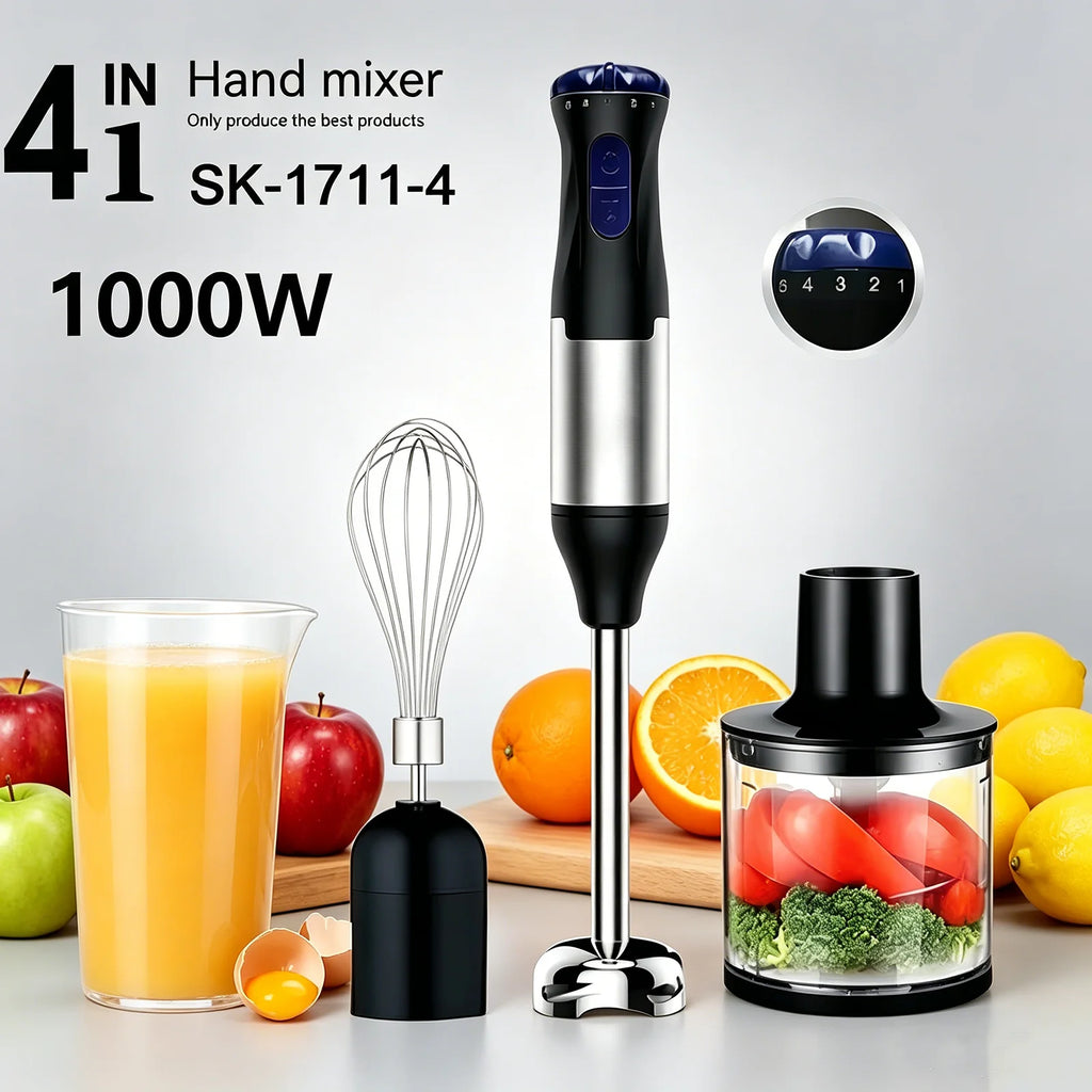 Edelstahl 4-in-1 Stabmixer Set, Handmixer, Gemüseschneider und Fleischwolf, Smoothie Maker