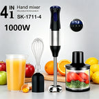 Edelstahl 4-in-1 Stabmixer Set, Handmixer, Gemüseschneider und Fleischwolf, Smoothie Maker
