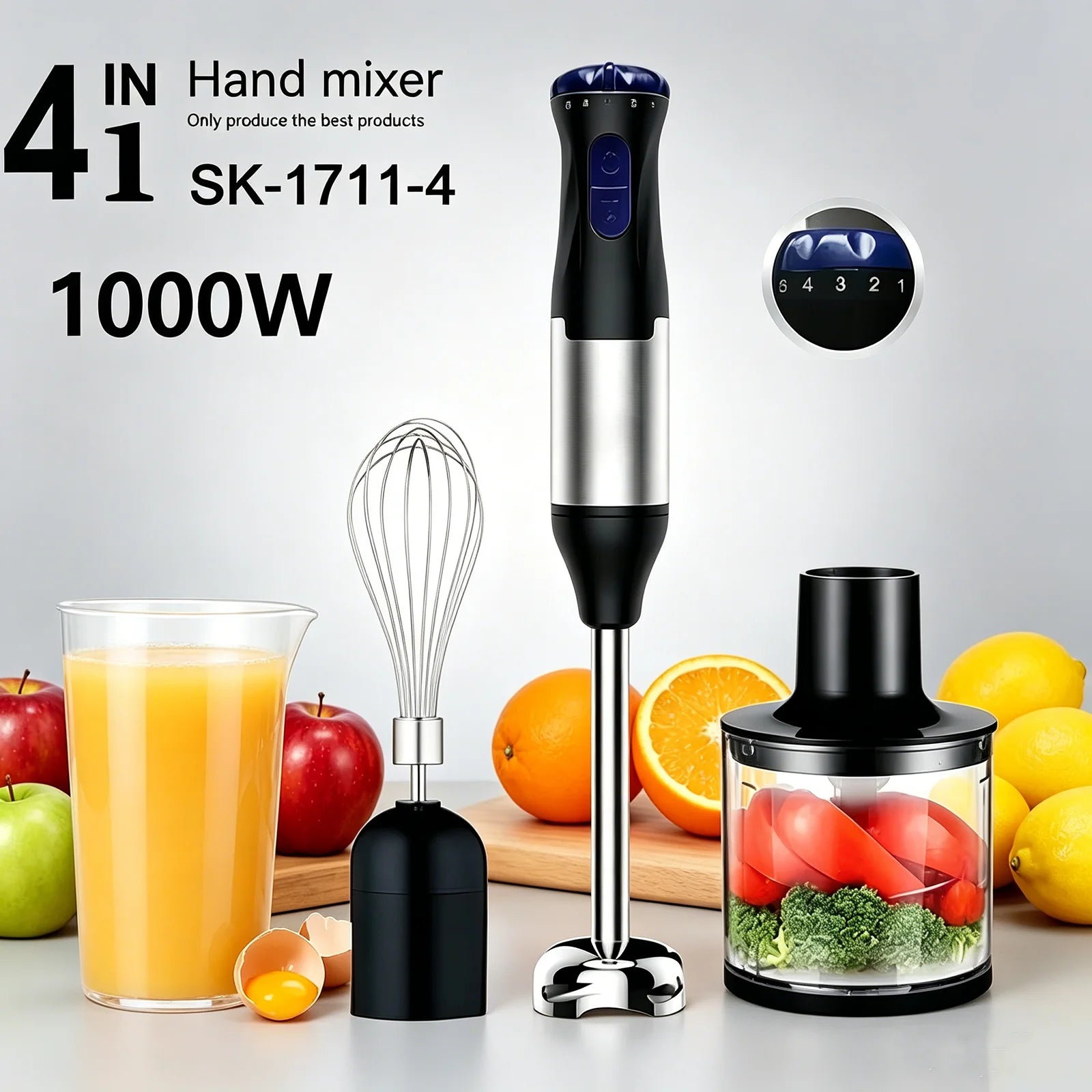 Edelstahl 4-in-1 Stabmixer Set, Handmixer, Gemüseschneider und Fleischwolf, Smoothie Maker