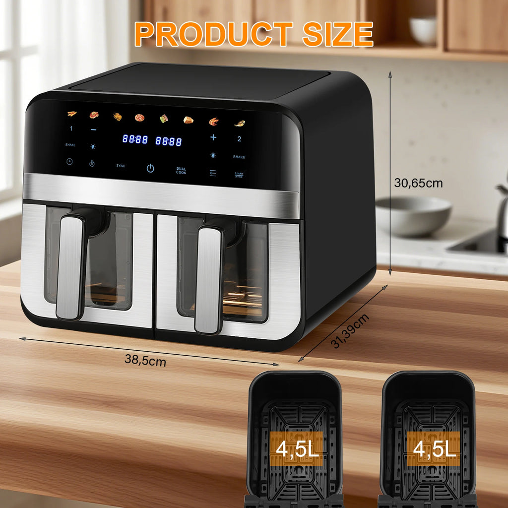 Forno friggitrice ad aria a doppio cestello da 9 litri con finestre Easy View - Oyajia