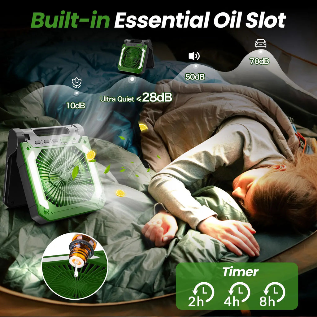 Ventilatore Portatile Ricaricabile da 9000mAh con Pannello Solare 2-in-1, 3 Velocità, Senza Fili, Alimentato a Batteria con Lanterna LED, Timer, Silenzioso, USB-C, da Tavolo per Viaggi, Tenda, Ufficio, Casa, Camera da Letto
