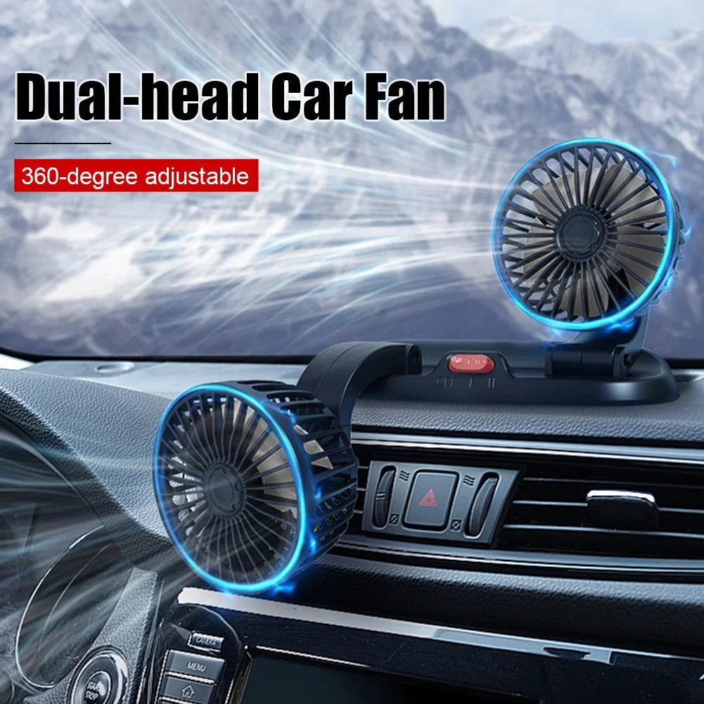 Ventola di Raffreddamento Elettrica per Auto 5V 12V 360° °   Ventilatore USB Multifunzione a Doppia Testa Regolabile, 2 Velocità, per Auto, Casa e Campeggio