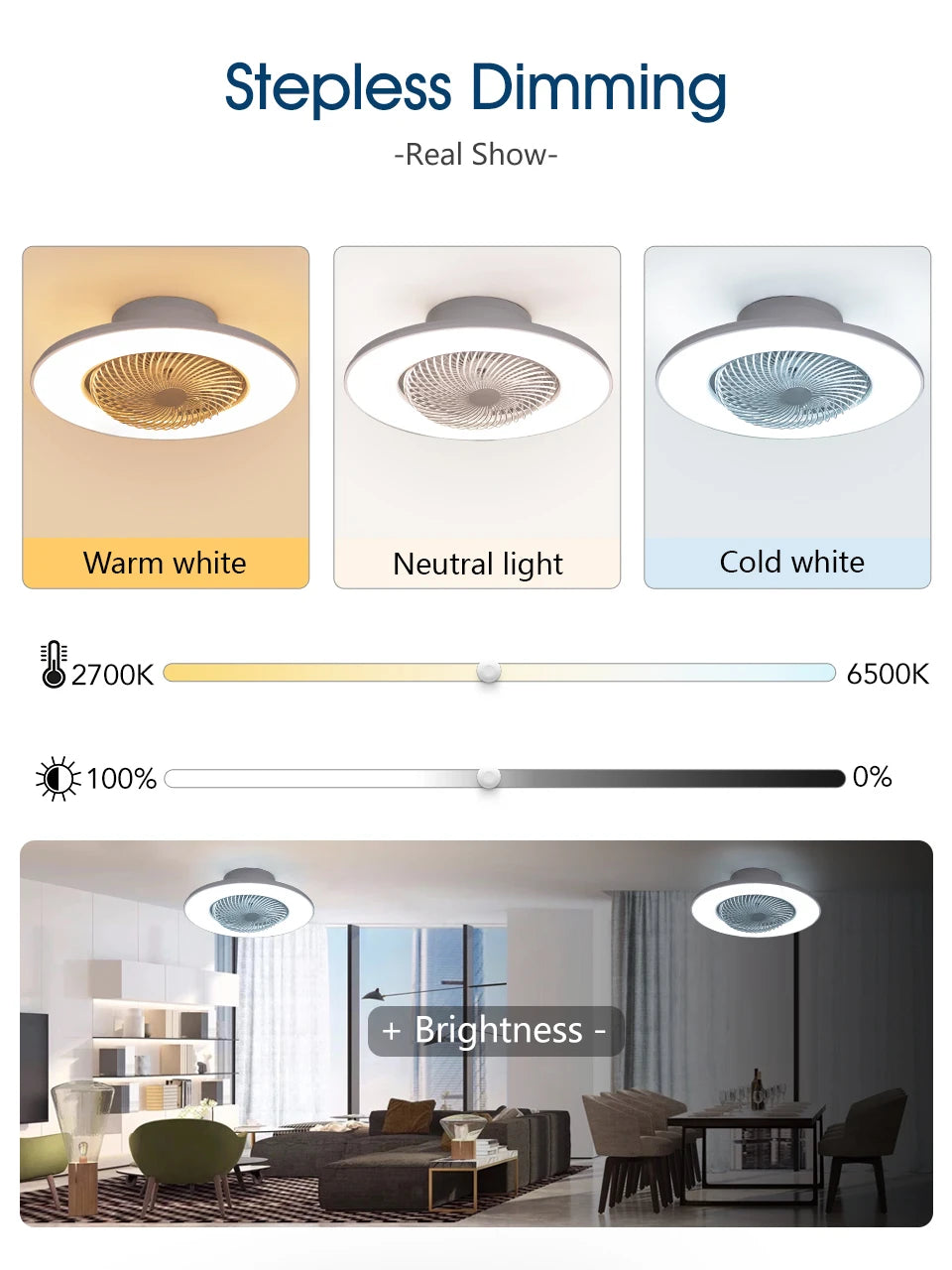 Ventilatore da soffitto da 100W con luce, controllo remoto tramite APP, lampada a LED dimmerabile a 360° °   Luce di sfondo RGB silenziosa girevole a 6 velocità per la casa