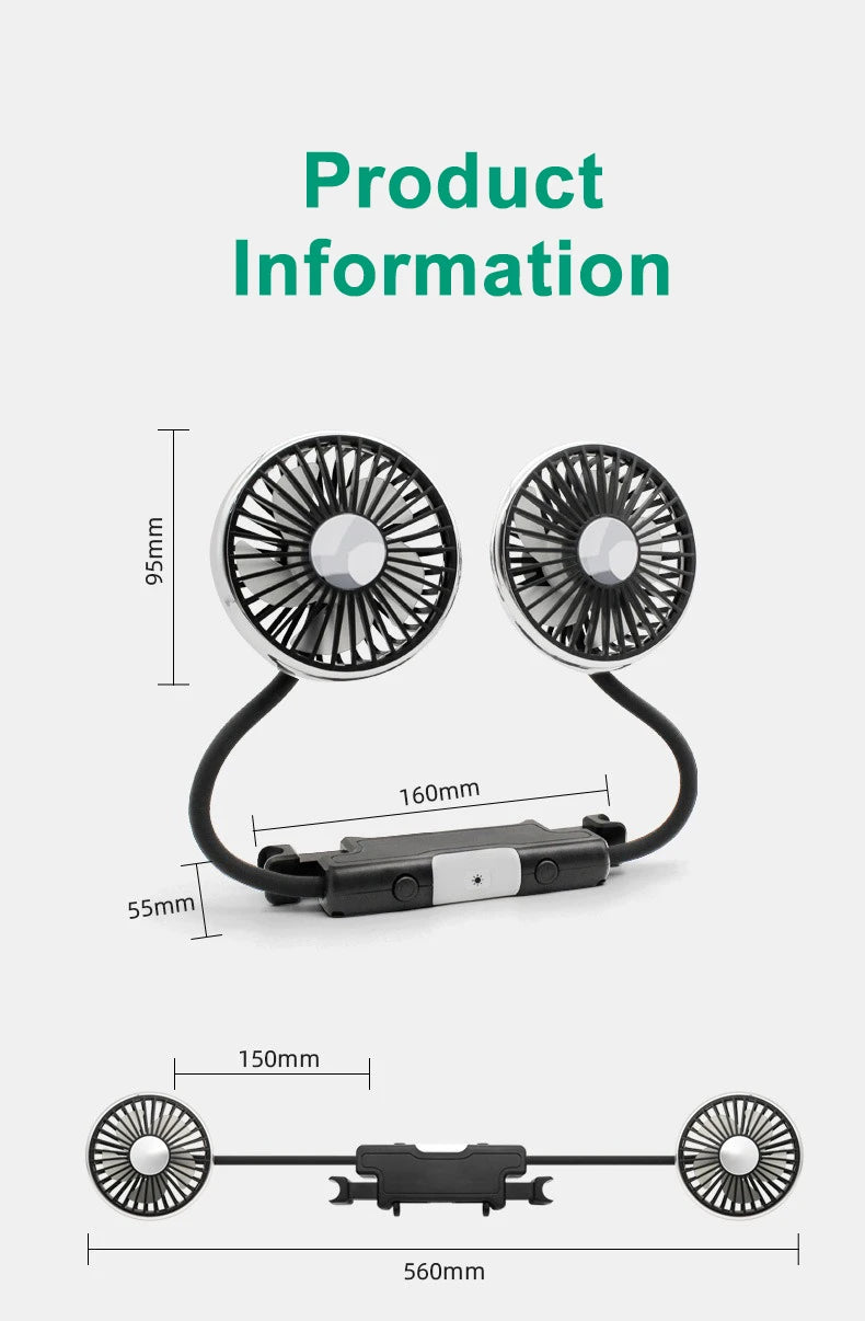 Ventilatore di raffreddamento per sedile auto EAFC a 3 velocità, ricarica USB, doppia testa, illuminazione LED, rotazione a 360 gradi, raffreddatore per il collo, per uso domestico e viaggi