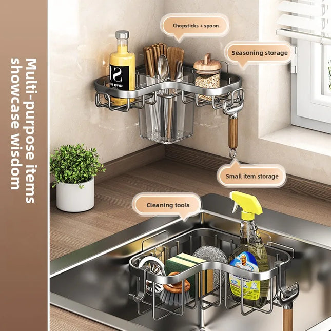 Carbon Steel Kitchen Sink Drain, Wall-Mounted Corner Rag Storage Rack, No Drilling, Waterproof Space Saver