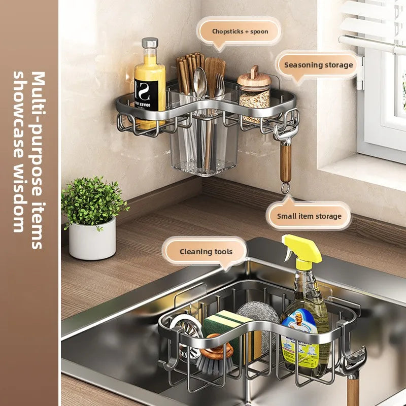 Scarico per lavello da cucina in acciaio al carbonio, portaoggetti per strofinaccio angolare montato a parete, senza perforazione, salvaspazio impermeabile