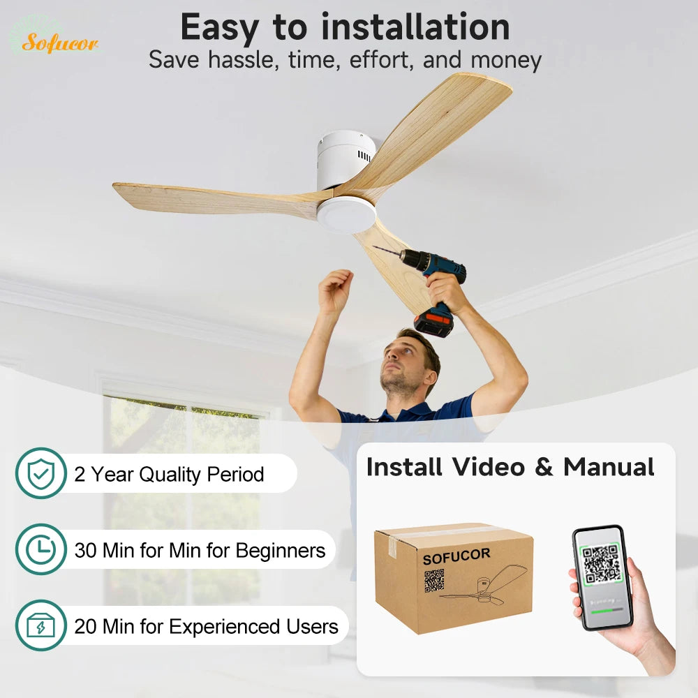 Ventilatore da soffitto Sofucor 52 pollici con telecomando, motore DC, 6 velocità, LED dimmerabile