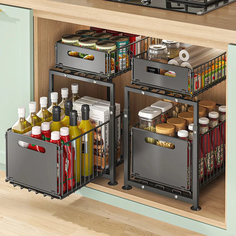 Organizzatore Estraibile a 2 Livelli per Armadio, Altezza Regolabile 41-49cm, Cassetto Sottolavello, Scaffale in Acciaio al Carbonio per Cucina e Bagno