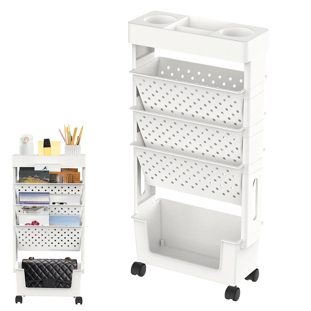 Mobile Bücherablage mit feststellbaren Rollen – Robuster Bücherregalwagen, herausnehmbarer Organizer mit Becherhalter für Zuhause und Büro